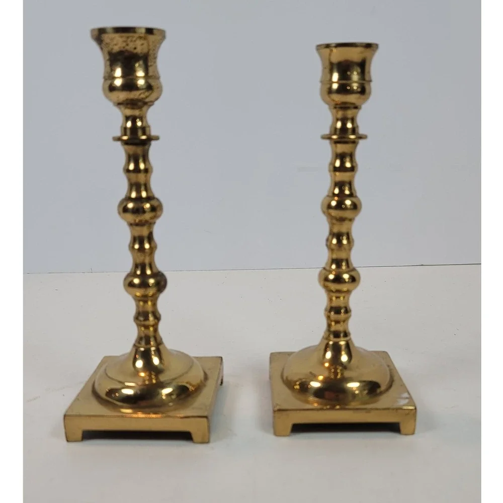 Vintage Solid Brass Candlestick Holders Pair Made in England Square Base 7.5in